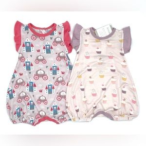 NWT Bestaroo Flutter Sleeve Bubble Romper Bundle Castle & Cupcakes in Pink 3-6M